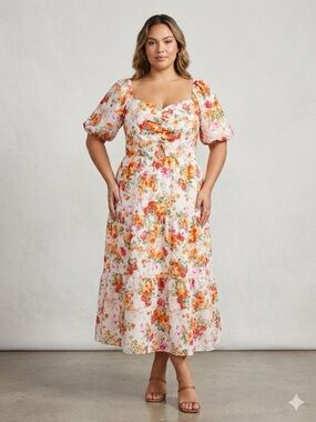 BTFBM Floral Puff-Sleeve Tiered Midi Dress in White & Orange